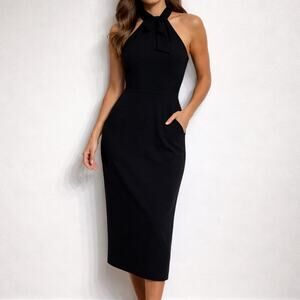 River Island Black Halter Midi Dress Tie Neck Sleeveless Sheath Sz 8